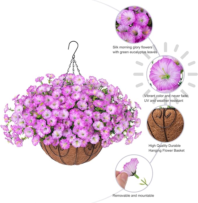 Artificial Faux Hanging Plants Flowers Basket for Outdoor Outside Spring Summer Decoration, Silk Purple Morning Glory in Planter UV Resistant Look Real Fake Flowers for Porch Patio Balcony Home Yard-Ruum Studio Home