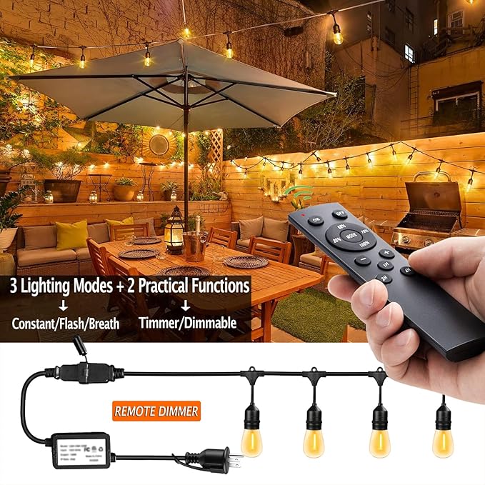 1-Pack 150 ft Outdoor String Lights with Remote Patio Lights Weatherproof, 45+3 Spare S14 Shatterproof Warm 2200K Bulbs, 3 Lighting Modes&Dimmable&Timer-Ruum Studio Home