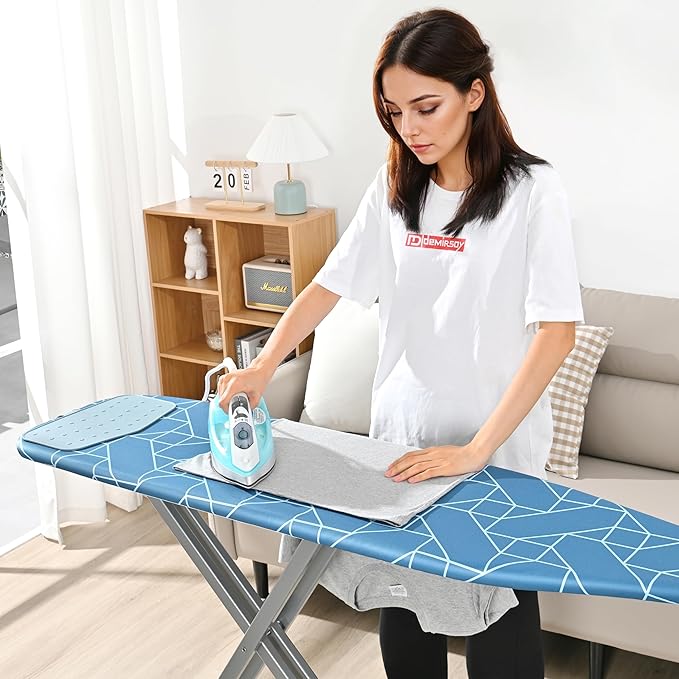 APEXCHASER Ironing Board with Silicon Iron Rest, Heavy-Duty Legs and Heat Resistant Cover, 13x53 inch, Blue-Ruum Studio Home