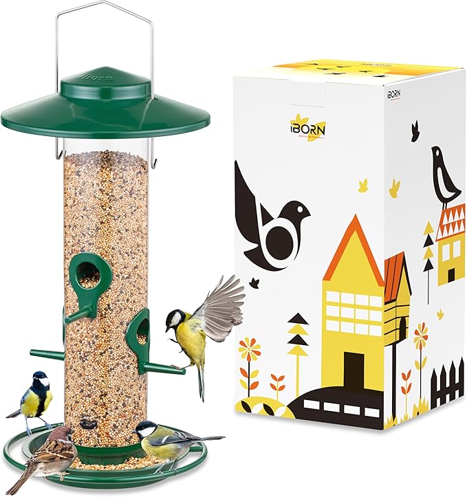 iBorn Bird Feeders for Outdoors, 2LB Metal Bird Feeders 17cm Large Roof &Tray, 4 Feeding Ports, Green Finish-Ruum Studio Home