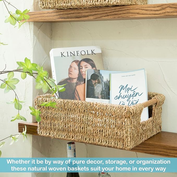 Large Natural Wicker Basket Rectangular with Wooden Handles, Seagrass Storage for Organizing, Shelves 15.5 x 10.6 x 5.5 inches-Ruum Studio Home