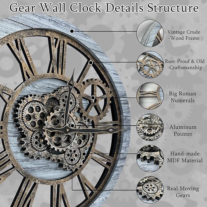 HOIBAI Large Wall Clock, Wall Clocks for Living Room Decor Farmhouse Vintage Rustic Kitchen Wall Decor Vintage Roman Big Oversized Wall Clock for Home Bedroom House Office, Moving Gears Clock-Ruum Studio Home
