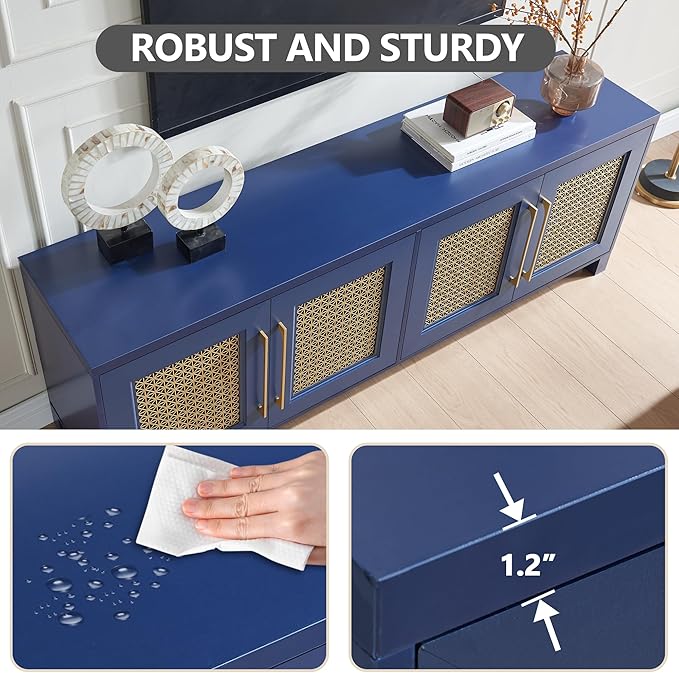 JYED Mid Century Modern TV Stand for TVs up to 75", 69.5" W Blue Entertainment Center with 4 Gold Metal Mesh Doors - Wood Grain MDF TV Console, Media Storage-Ruum Studio Home