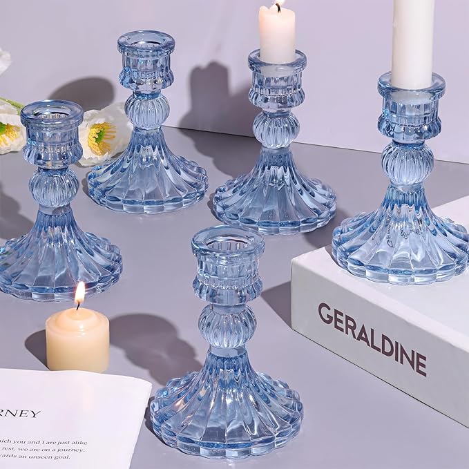 12PCS Blue Candlestick Holders Set- 4" H Taper Candle Holders, Glass Candle Holders Bulk for Wedding, Party, Home Table Centerpieces, Festival Gifts & Windowsill Decor-Ruum Studio Home