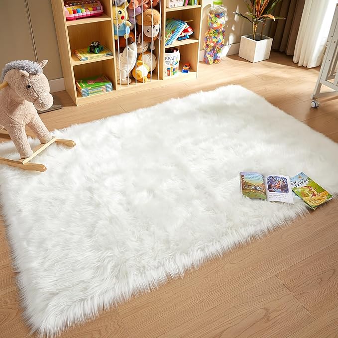 AMTOVO Faux Fur Sheepskin Rug for Living Room, 4 x 6 ft White Fluffy Area Rug for Bedroom, Playroom, Luxury Room Decor, Rectangle-Ruum Studio Home