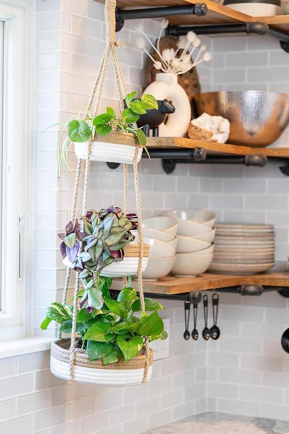 CEDAR+PINE 3-Tier Lined Hanging Fruit Basket Natural Woven Cotton with Strong Jute Rope Hanger in Gift Box Modern Hanging Basket for Kitchen-Ruum Studio Home