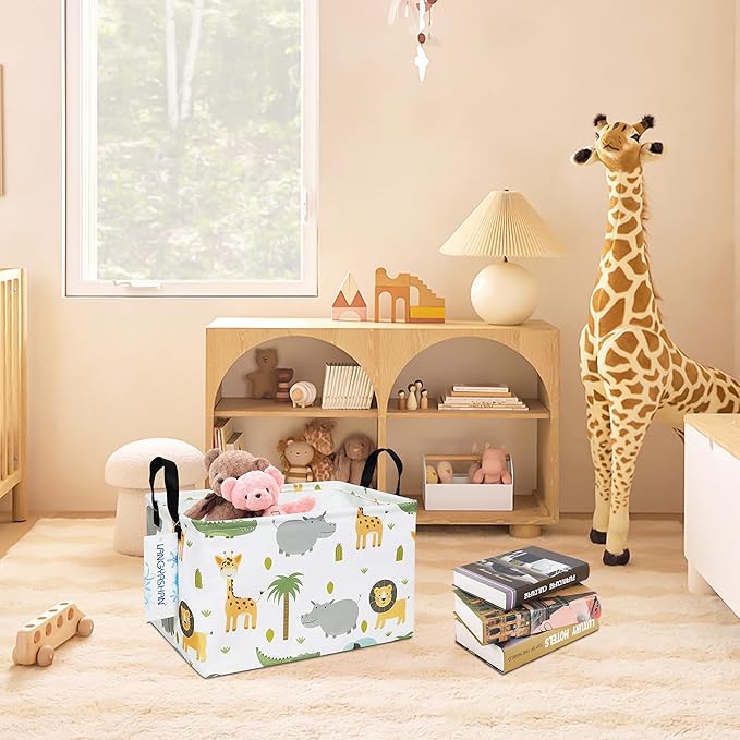 LANGYASHAN Rectangular Storage Bin Collapse Canvas Fabric Cartoon Storage Basket with Handles for Organizing Home Kitchen Boys and Girls Toys Office Closet Shelf Baskets (Rec animal)-Ruum Studio Home