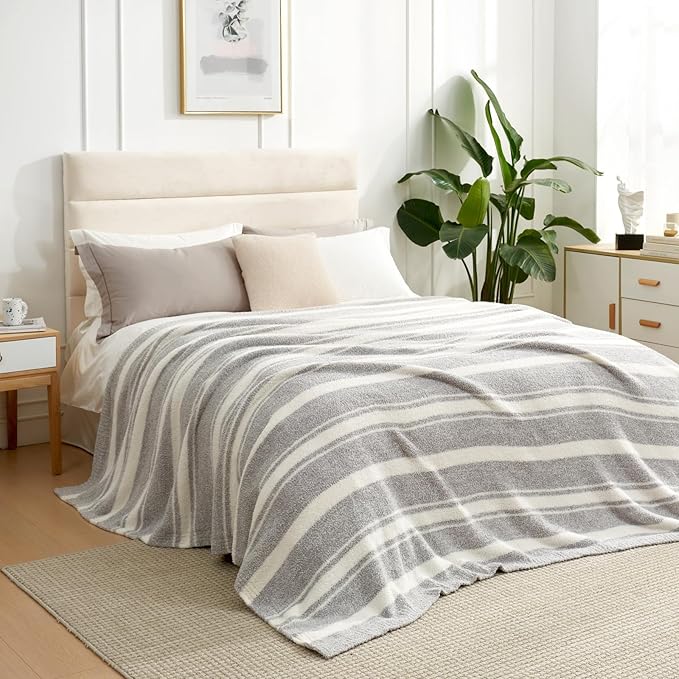 Snuggle Sac Twin Size Bedding Blankets Luxurious Microfiber, Reversible Super Soft Warm Cozy Blankets Fuzzy Plush Blanket for Bed,Couch,Sofa,Living Room, Grey Stripe,60x80 inches-Ruum Studio Home