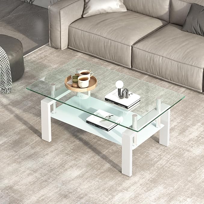 Glass Coffee Table Rectangle White Living Room Center Table, 39inch Transparent Tempered Glass Tabletop and Metal Frame, White + Clear Glass-Ruum Studio Home