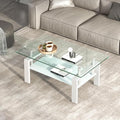 Glass Coffee Table Rectangle White Living Room Center Table, 39inch Transparent Tempered Glass Tabletop and Metal Frame, White + Clear Glass-Ruum Studio Home