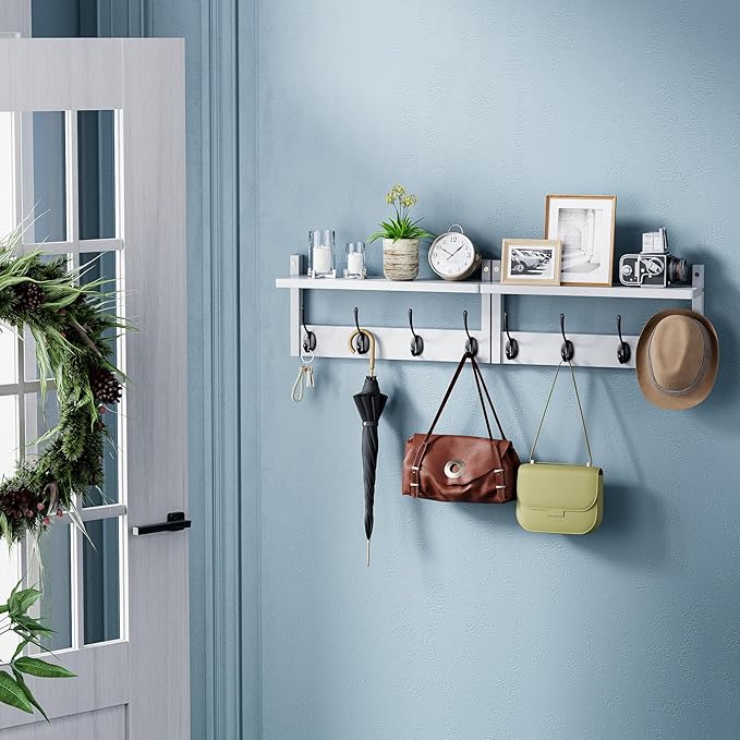 Coat Rack with Shelf Wall Mount, Entryway Bamboo Hanging Shelf, Set of 2, Wall Hook Rail for Hallway Décor, Storage Clothe, Hat, Robe, Key, Dog Leash (White+Black)-Ruum Studio Home
