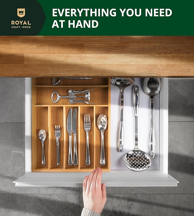 ROYAL CRAFT WOOD Luxury Bamboo Utensil Rack and Silverware Organizer, Kitchen Drawer Organizer - Utensil Holder and Cutlery Tray with Grooved Drawer Dividers for Flatware 7 Slot, Natural-Ruum Studio Home