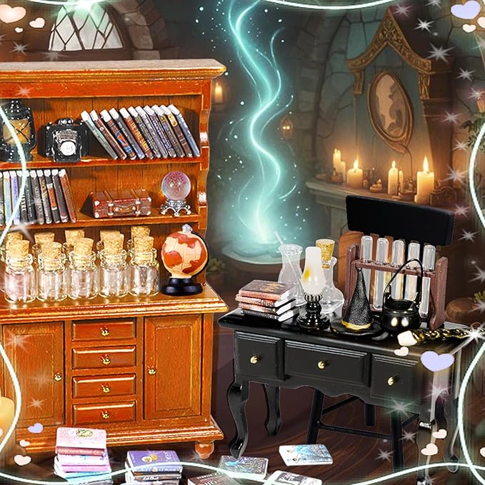 Rileryan 54 Pcs 1:12 Scale Magic Witchy House Kit Miniature Furnitures Accessories Mini Wooden Bookshelf Bookcase 30 Mini Books Desk Chair Halloween Decoration-Ruum Studio Home