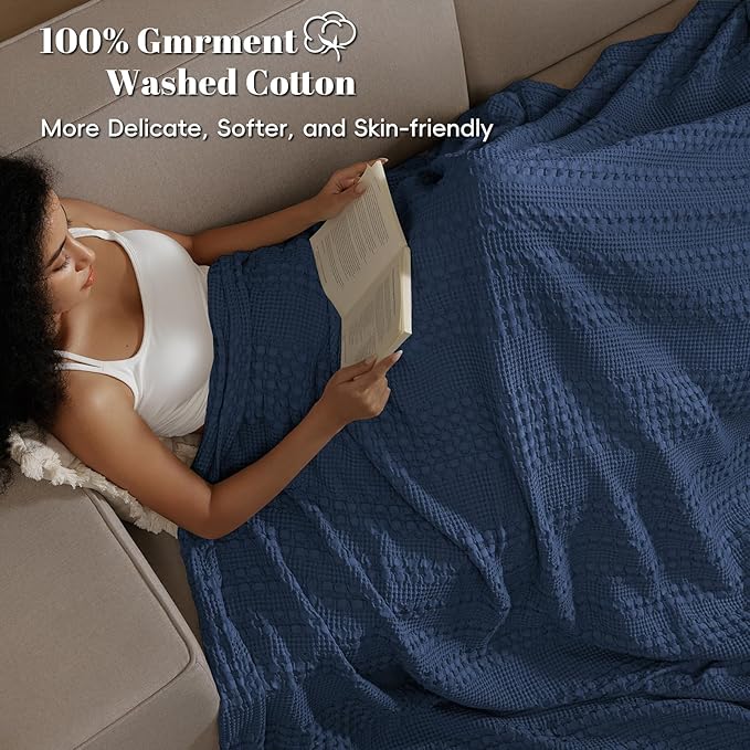PHF 100% Cotton Waffle Weave Blanket Twin Size, Soft Lightweight Breathable Cozy Summer Blankets for Bed, Luxury Aesthetic Woven Bedding for Home Decor, 66"x90", Bright Navy Blue-Ruum Studio Home