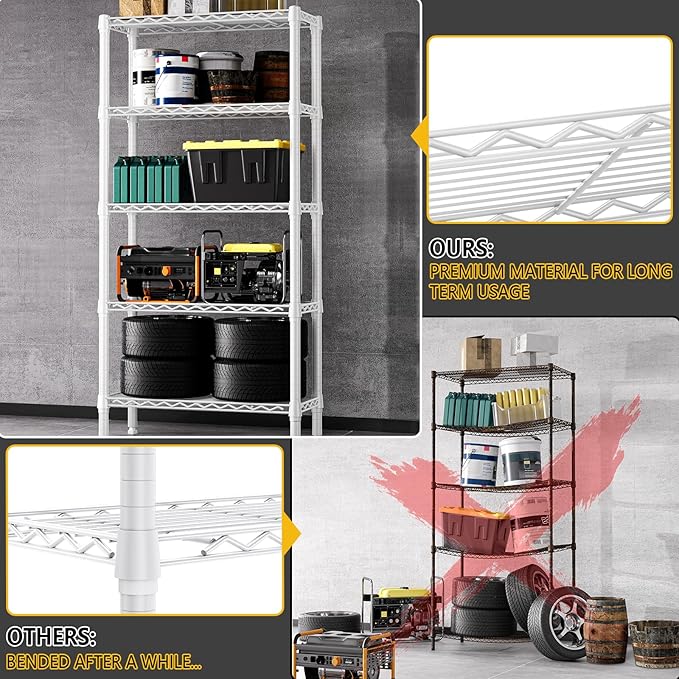 1250 lbs 5 Tier Shelf Metal Storage Shelves Wire Rack Closet Organizers for Garage Kitchen Bathroom Laundry White 11.8" D x 29.5" W x 59.5" H-Ruum Studio Home