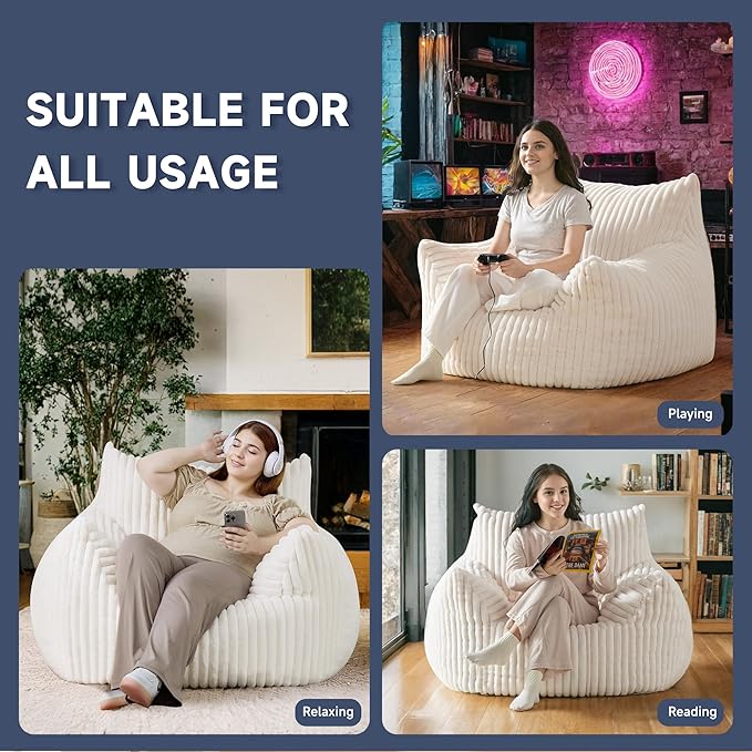 Oversized Bean Bag Chair for Adults, Giant Comfy Plush Boneless Bean Bag Couch with Filler for Kids - Reading Chair for Living Room, Bedroom & Dorm, Single Accent Chair Floor Lounger, Beige-Ruum Studio Home