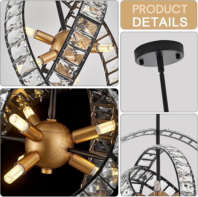 18" Crystal Globe Sputnik Chandelier, 6-Light Black Gold Modern Adjustable Hanging Ceiling Pendant Light Fixture for Entryway Foyer Stairway Bedroom Dining Living Room Hallway-Ruum Studio Home