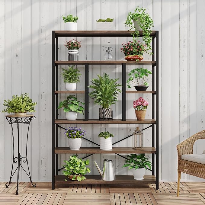 LVB Tall Industrial Etagere Bookcase, Modern Wood Large Open 6 Tier Bookshelf, Vintage Wide Metal Book Shelf Organizer, Farmhouse Book Shelves for Bedroom Living Room Home Office Storage, Rustic Oak-Ruum Studio Home