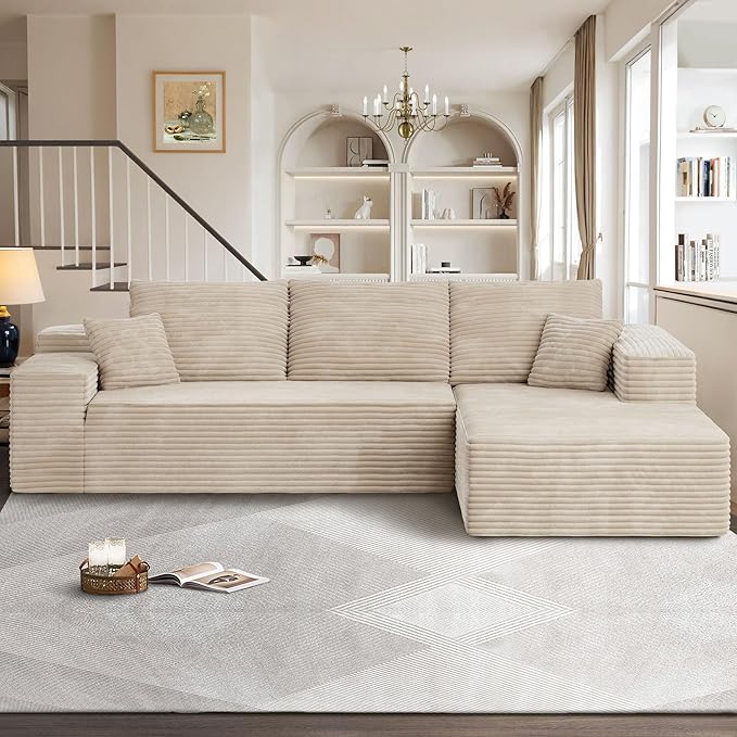 104" Cloudy Sectional L Shaped Couch for Living Room, No Assembly Required, Modular Comfy Sofa with Deep Seat, Fluffy Couch with Sleeper Chaise for Apartment Lounge (Beige)-Ruum Studio Home