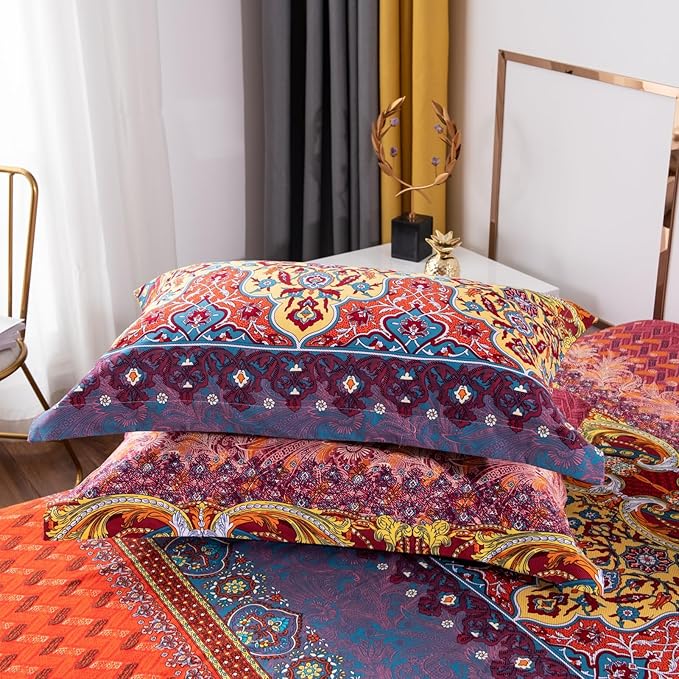 ABREEZE Bohemian Duvet Cover Set Colorful Orange Boho Retro Bedding Set Damask Paisley Cotton Duvet Cover Tribal Reversible Bedding Exotic Style Comforter Cover 3-Piece Twin-Ruum Studio Home