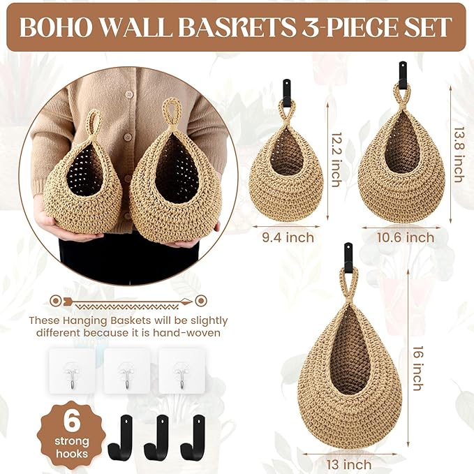 Wall Hanging Baskets for Organizing - 3 Pack Hanging Fruit Basket with 6 Pcs Strong Hooks, Handwoven Onion Storage Teardrop Home Onion Basket for Fruits Vegetable Potato Kitchen Storage(Light Linen)-Ruum Studio Home