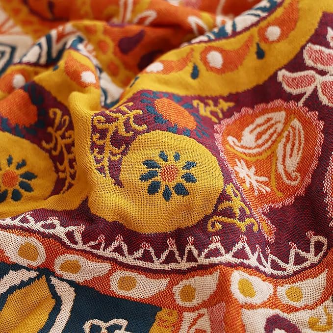 Boho Muslin Blanket for Adults 4-Layer Gauze 80 x 90 Inches Soft Cozy 100% Cotton Summer Cooling Blanket Geometric Floral Decor for Sofa Bed Coverlet Both Sides (A Boho Figure Orange, 80 x 90 in)-Ruum Studio Home