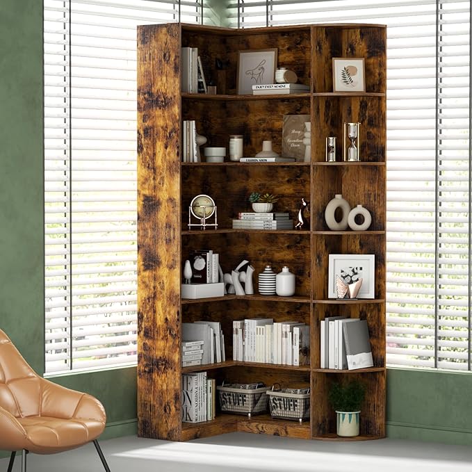 Loomie Bookshelves, 6 Tiers Shelf Large Tall Corner Etagere Bookcase with Full Baffle, L-Shaped Modern Storage Display Industrial Book Shelf for Bedroom, Home Office, Living Room & Kitchen, Rustic-Ruum Studio Home