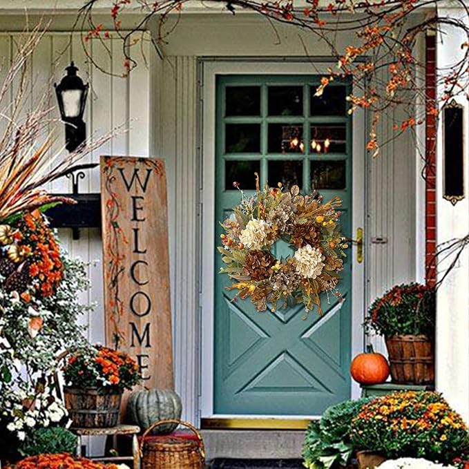 WANNA-CUL 24 Inch Fall Wreaths for Front Door with Hydrangea,Little Pumpkins-Fall Decorations for Home,Fall Door Wreath Decor for Autumn,Harvest, Halloween or Thanksgiving-Ruum Studio Home