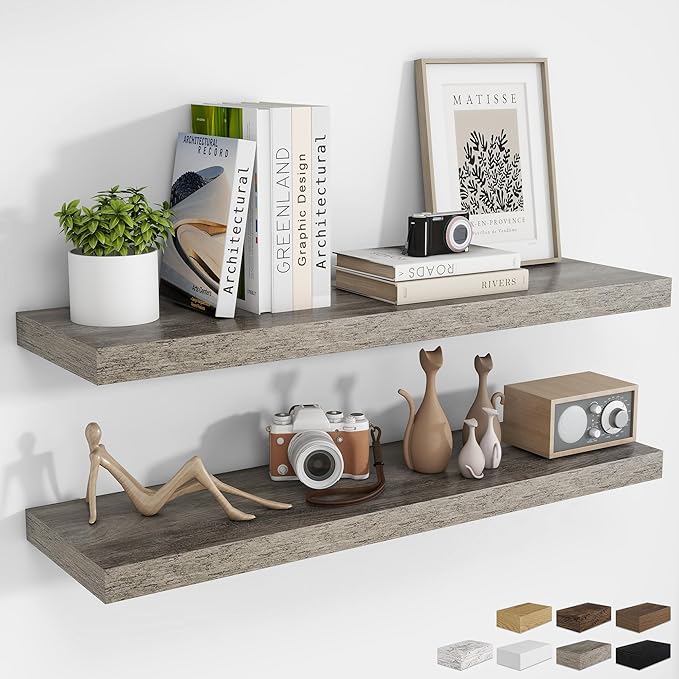 RICHFOCUS 40Inch Floating Shelves for Wall 2 Pack Shelves for Bedroom|Kitchen|Bathroom Wall Mounted Rustic Wood Floating Shelf with Invisible Brackets for Books|Storage|Decor, Grey-Ruum Studio Home