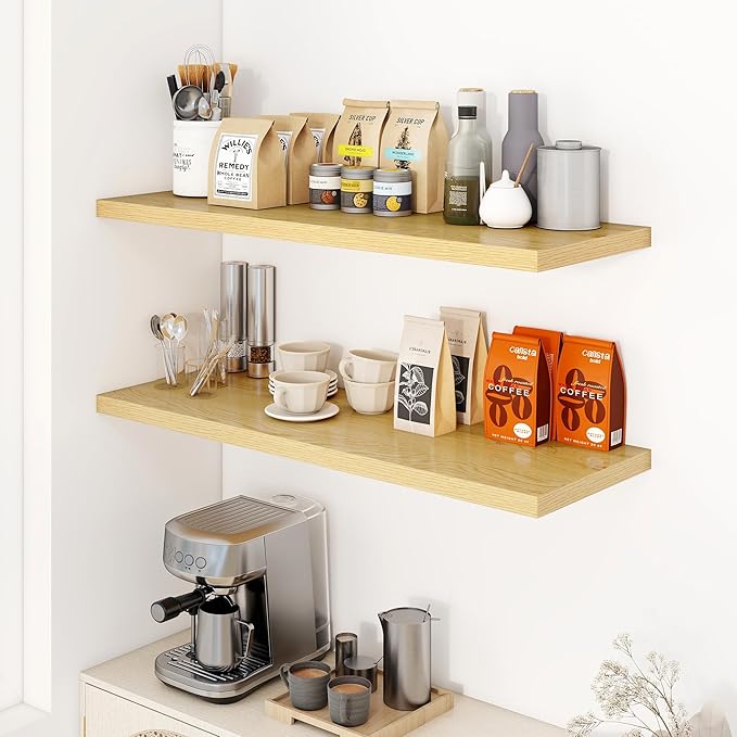 40" Floating Shelves for Wall, 12" Deep Slim Oak Floating Shelves, Wall-Mounted Shelves for Bedroom, Living Room, Kitchen, Bathroom - Set of 2-Ruum Studio Home