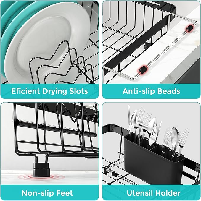 MAJALiS Dish Drying Rack in Sink -Expandable Stainless Steel Over Sink Dish Rack (11.3''-17''), Adjustable Capacity Dish Strainers for Kitchen Sink Counter with Utensil Holder, Black-Ruum Studio Home