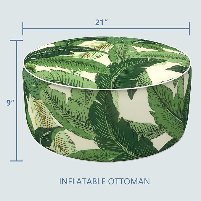 LVTXIII Outdoor/Indoor Round Inflatable Ottoman, All Weather Patio Footstool, Portable Footrest Seat for Patio Garden, Camping or Home, 21"x21"x9", Swaying Palms Green-Ruum Studio Home