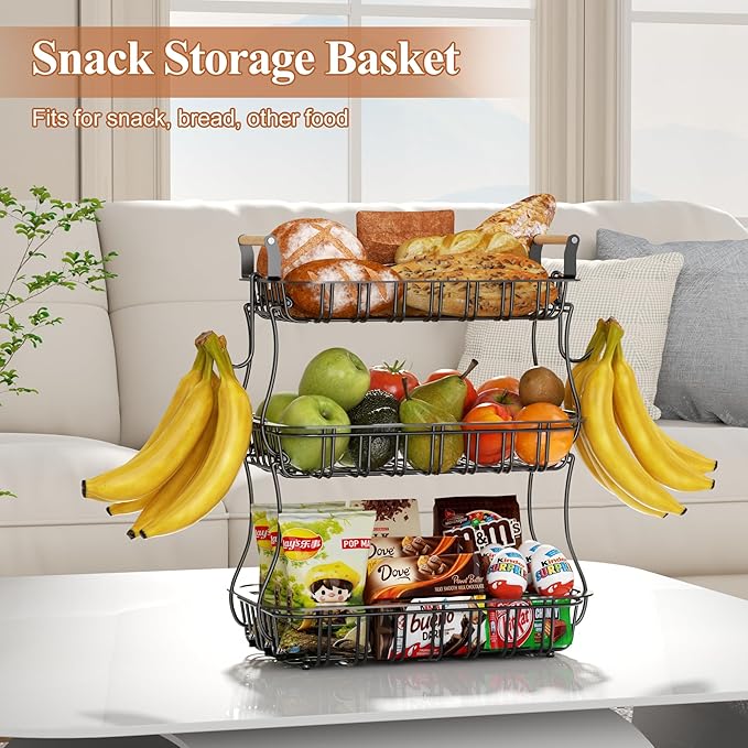 3 Tier Fruit Basket for Kitchen Counter, Fruit Bowl with 2 Banana Hooks Mesh Top, Multifunctional Detachable Sturdy Kitchen Storage Organizer for Vegetables Snacks Onion Potato, Black-Ruum Studio Home