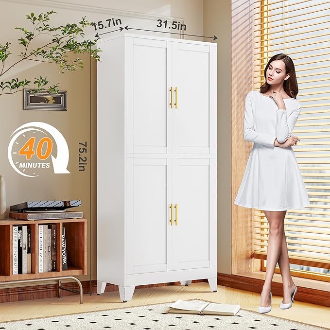 75.2" Tall Metal Pantry Cabinet, Kitchen Pantry Storage Cabinets with 4 Door and 4 Adjustable Shelves, White Storage Cabinet, Freestanding Cupboard for Kitchen Dining Room Living Room Bathroom-Ruum Studio Home