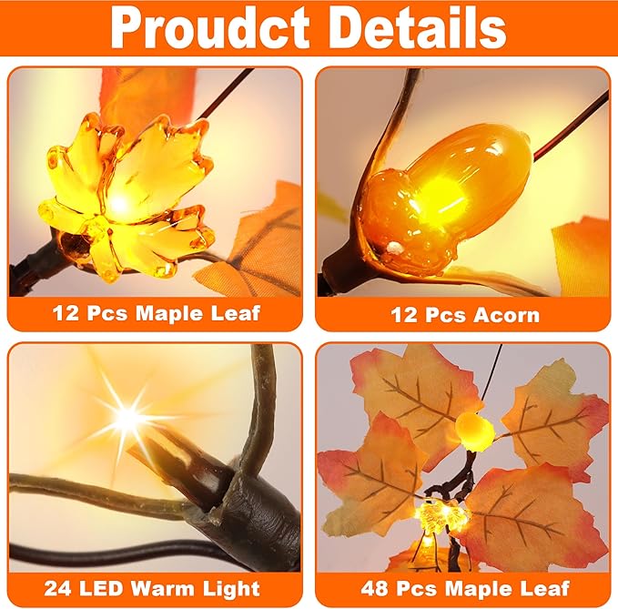 2 Pack 24 Inch Prelit Fall Maple Tree Fall Decor with 48 LEDs Timer Battery Operated Artificial Fall Light Up Tree Maple Acorn for Fall Thanksgiving Decorations Table Home Office Indoor Autumn Harvest-Ruum Studio Home