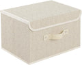 Storage Boxes, Collapsible Storage Bins with Lids, Cotton and linen cloth Storage Baskets with Handle, for Books, Closet, Bedroom, Home, 13x9.1x7.9 in, Grey and Beige-Ruum Studio Home