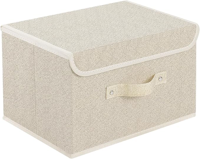 Storage Boxes, Collapsible Storage Bins with Lids, Cotton and linen cloth Storage Baskets with Handle, for Books, Closet, Bedroom, Home, 13x9.1x7.9 in, Grey and Beige-Ruum Studio Home