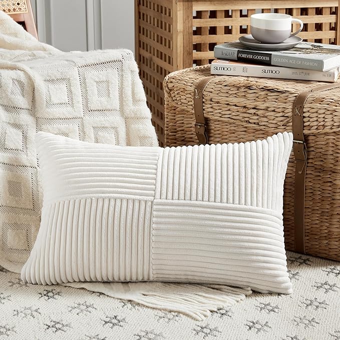 Fancy Homi 2 Packs Cream White Long Lumbar Decorative Throw Pillow Covers 16x24 Inch for Couch Bed Sofa, Rustic Farmhouse Boho Home Decor, Soft Striped Corduroy Rectangle Accent Cushion Case 40x60 cm-Ruum Studio Home