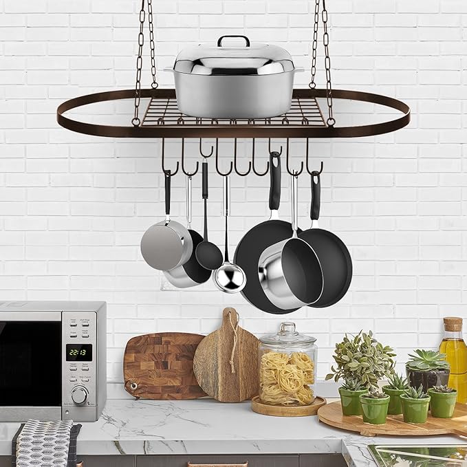 Sorbus Pot and Pan Rack for Ceiling 31" with 10 S Hooks — Decorative Oval Mounted Storage Rack — Multi-Purpose Organizer Great for Home, Restaurant, Kitchen Cookware, Utensils, Books, (Bronze)-Ruum Studio Home