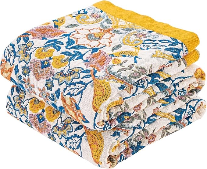 Boho Blanket Throw Quilt, 100% Cotton Soft Light Weight Throw Blankets for Summer, 90"x98" Farmhouse Flower Decorative Blankets, All Season Rustic Reversible Bohemian Throw Quilt-Ruum Studio Home