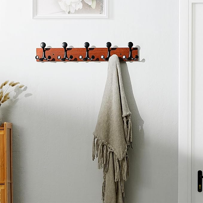SKOLOO 24-Inch Cherry Wood Coat Rack Wall Mount with 5 Triple Hooks - Ideal for Family Entrances, Classrooms, and Pet Supplies Storage - Perfect Coat Hooks for Wall-Ruum Studio Home