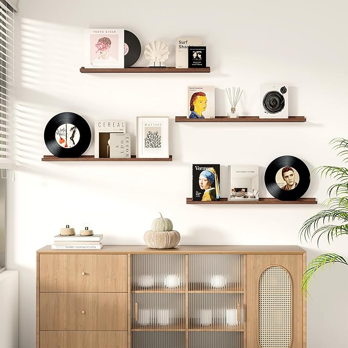 Picture Ledge Shelf for Wall, Floating Shelves Set of 4, 36 Inch Long Nursery Book Shelves for Toys Storage, Kids Bookshelf Wall Mounted for Books Photo Frames, Walnut-Ruum Studio Home