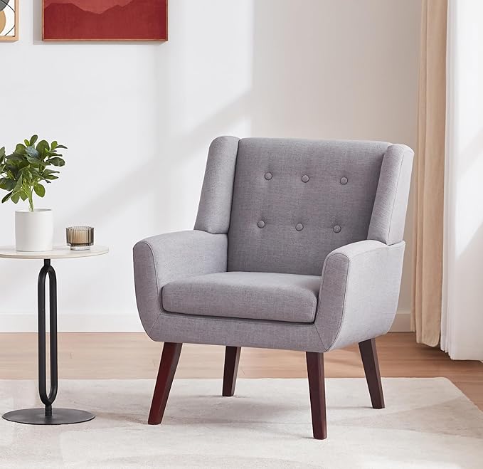 HUIMO Accent Chair Living Room Chair, Upholstered Button Tufted Armchair, Linen Fabric Sofa Chairs for Bedroom, Living Room, Mid Century Modern Comfy Reading Chair (Light Grey)-Ruum Studio Home