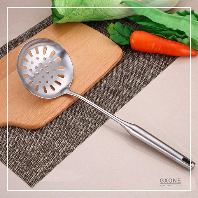 Skimmer Slotted Spoon,304 Stainless Steel Slotted Spoon, Handle Mesh Food Strainer Stainless Steel Colander with Hollow Handle Heat Resistant Cooking Tool,Silver/15.1Inch-Ruum Studio Home