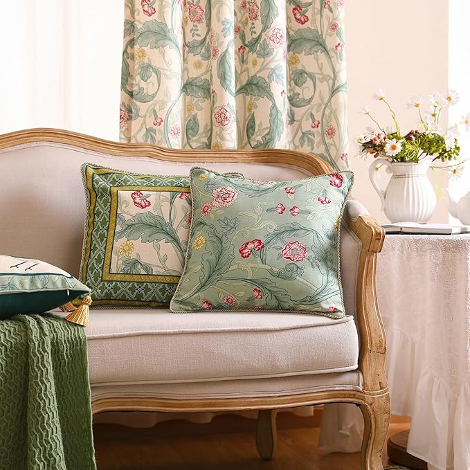 patdrea Designer Pack of 4 Throw Pillow Covers,French Vintage Rustic Linen with Green Floral Pattern Pillows Cover,Decorative Lumbar Square Pillowcases Cushion for Bed Living Room Outdoor Car-Ruum Studio Home