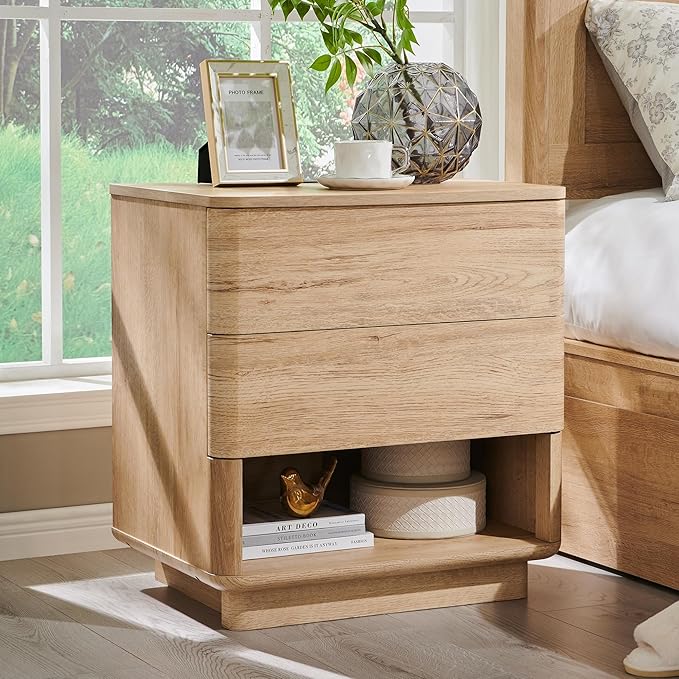 Nightstand with Charging Station, 22" Push-to-Open Bedside Table with 2 Storage Drawers, Large Modern End Table for Bedroom,Living Room,Natural Oak-Ruum Studio Home