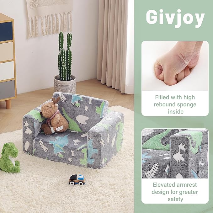 Toddler Chair Kids Couch, 2-in-1 Toddler Soft Sherpa Couch Fold Out Armchair with Removable Cover, Convertible Reading Chair Toddler Sofa for Kids, Glow in The Dark Plush Grey Dinosaur-Ruum Studio Home