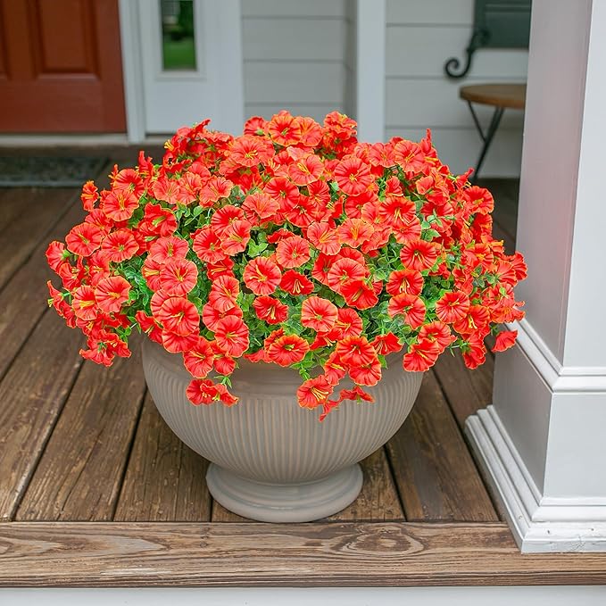 Artificial Fall Flowers Fake Plants for Outdoors Autumn Decoration, 12 Bundles Orange Silk Morning Glory with Eucalyptus Look Real UV Resistant Faux Flowers for Outside Planters Front Door Yard Indoor-Ruum Studio Home