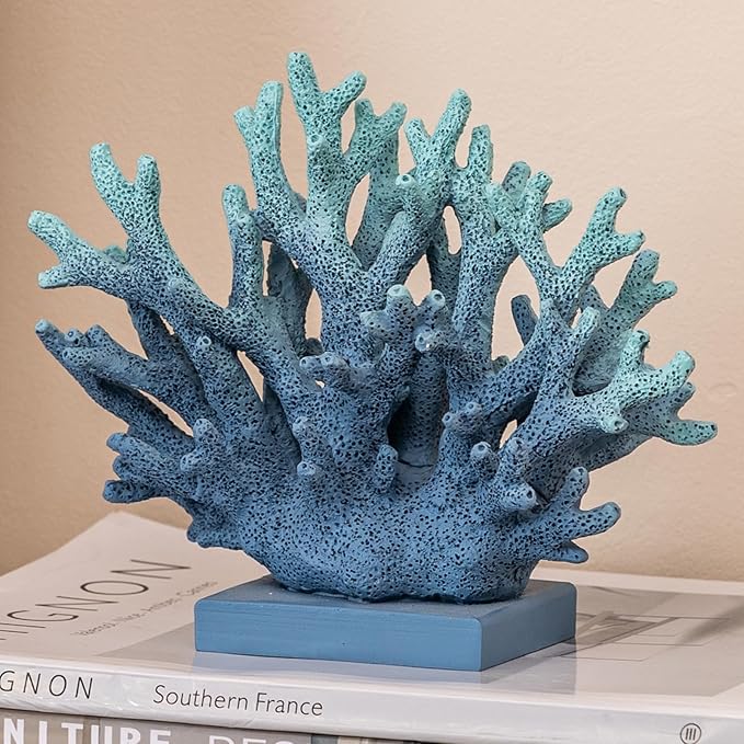 5.8" H Blue Coral Decor, Resin Coral Statue, Nautical Decorations for Home, Beach/Coastal/Ocean Themed Cabinet Shelf Tabletop Decor-Ruum Studio Home