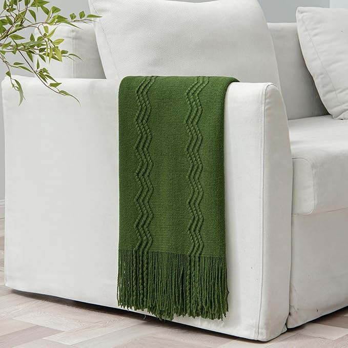 MIULEE Olive Green Knitted Throw Blanket for Couch Boho Textured Cozy Woven Blanket with Tassels for Sofa Chair Bed Living Room Spring Acrylic Wave Pattern 50"x60"-Ruum Studio Home